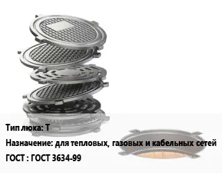 Люк чугунный Т для тепловых, газовых и кабельных сетей ГОСТ: ГОСТ 3634-99